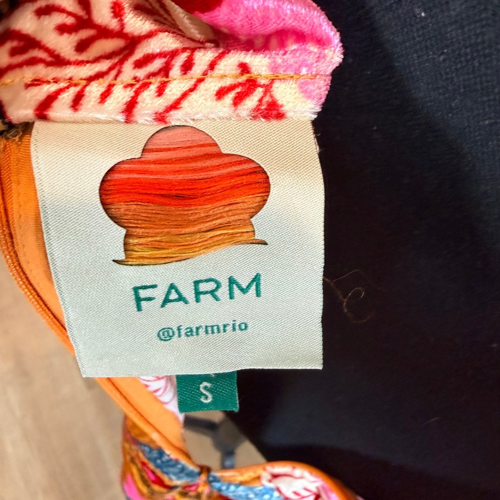 FARM Rio Banana Floral Velvet Midi Dress Small Orange Pink Tropical Slit Slip S - Picture 7 of 7